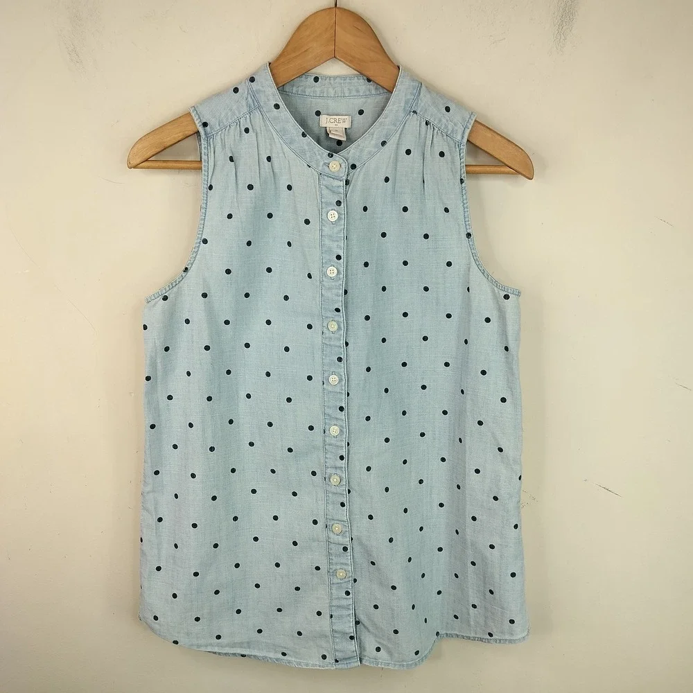 J.Crew Sleeveless Button Up Shirt 2 Womens Polka Dot Chambray Denim Blue